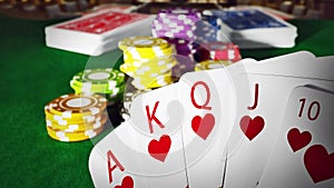 Poker royal flush hand and casino hands standing on poker table. 3D illustration