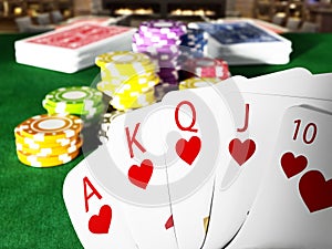 Poker royal flush hand and casino hands standing on poker table. 3D illustration