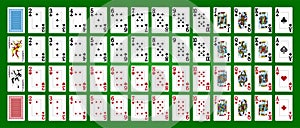 Poker set with isolated cards on green background. Poker playing cards, full deck