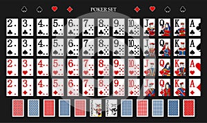 Poker set with isolated cards on green background. Poker playing cards - Full deck