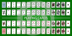 Poker set with isolated cards on green background. Poker playing cards, full deck