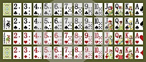 Poker set with isolated cards on green background. Poker playing cards - Full deck