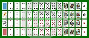 Poker set with isolated cards on green background. Poker playing cards, full deck. Poker playing cards, full deck