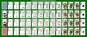 Poker set with isolated cards on green background. Poker playing cards - Miniature playing cards for mobile applications