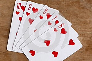 Poker straight flush playing cards, suit of hearts