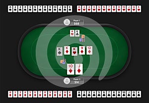 Poker table. Online poker room. Full deck of playing cards. Texas Hold`em game illustration. Online game concept