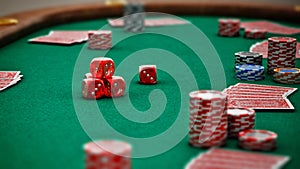 Poker table with playing cards, casino chips and dices. 3D illustration
