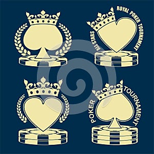 Poker tournament emblem isolated monochrome logo on blue background. Spades in crown and laurel wreath. Royal hearts on stack of