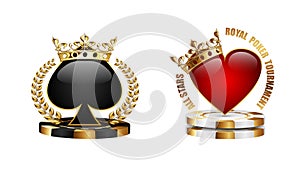 Poker tournament emblem logo isolated on white background. Black spades in golden crown and laurel wreath. Royal red hearts on
