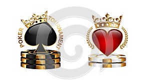 Poker tournament emblem logo isolated on white background. Black spades in golden crown on stack of black casino chips. Royal red