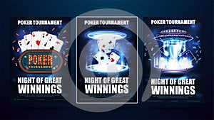 Poker tournament, set of invitation posters with casino elements.