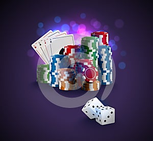 Poker vector illustration, stack of poker chips, ace cards on bokeh purple background, two white dices on foreground. Gambling