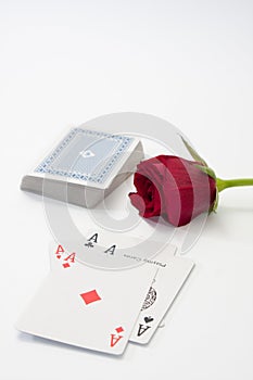 Pokers aces and red rose on the white background