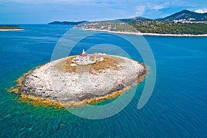 Pokonji Dol Lighthouse in Hvar island archipelago aerial view
