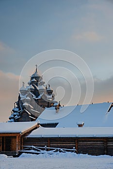 Pokrovskaya church in Bogoslovka manor, in the city of St. Petersburg on a winter