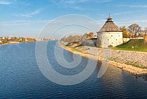 Pokrovskaya fortress Tower of Pskov on the shore of Velikaya river, Russia