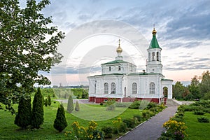 Pokrovskaya old church and garden landscape in Polotsk, Belarus