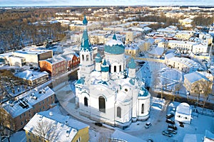 Pokrovsky Cathedral, January day aerial photography. Gatchina, Russia
