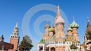 Pokrovsky Cathedral and Kremlin tower in Moscow