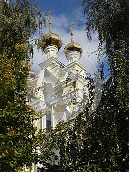 Pokrovskyi Cathedral built in 1689, on a background blue sky