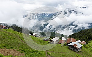 POKUT PLATEAU aerial view with foggy weather. Rize, Turkey.