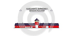 Poland, Auschwitz Birkenau tourism landmarks, vector city travel illustration