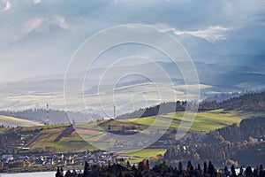 Poland autumn hills. Sunny October day in mountain village