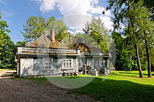 Poland, Bialowieza Palace Park. Old wooden, historic hunters manor house. Oldest building in Bialowieza.