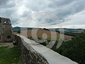 Poland, BolkÃÂ³w - the Suudety mountains visibly from castle. photo