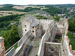 Poland, BolkÃ³w - the ruins of the BolkÃ³w castle and Sudety mountains.