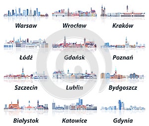 Poland cities skylines in soft cold tones color palette vector set