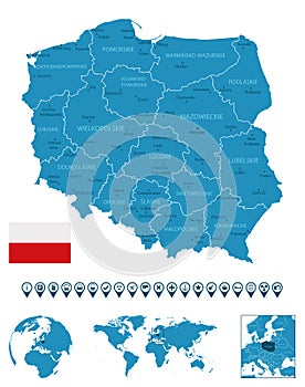 Poland - detailed blue country map with cities, regions, location on world map and globe. Infographic icons