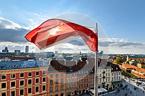 Poland Flag on centre of Warsaw Background