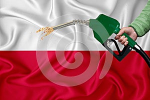 POLAND flag Close-up shot on waving background texture with Fuel pump nozzle in hand. The concept of design solutions. 3d