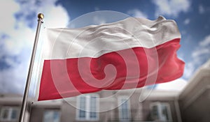 Poland Flag 3D Rendering on Blue Sky Building Background