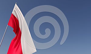 Poland flag on flagpole on blue background. Place for text. The flag is unfurling in wind. Warsaw, Polish. Europe. 3D illustration