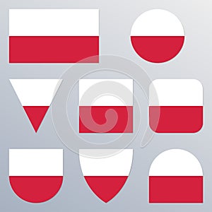 Poland flag icon set. Polish flag button or badge in different shapes. Vector illustration.