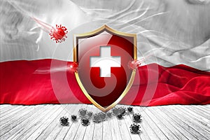 Poland flag with Metal Shiny red shield. virus protection, hygiene shield. virus Vaccine Protection aganst coronavirus, Health