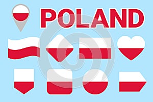Poland flag vector set. Collection of Polish national flags. Flat isolated icons, traditional colors. Illustration. Web, sports pa