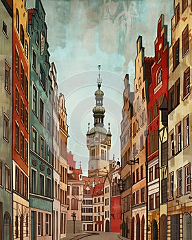 Poland Gdansk old city. Cartoon architecture of a European city. Cute houses on the street. Hand-drawn houses. Euro-trip