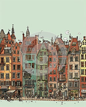 Poland Gdansk old city. Cartoon architecture of a European city. Cute houses on the street. Hand-drawn houses. Euro-trip