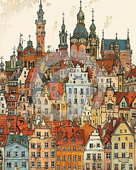 Poland Gdansk old city. Vector illustration, beautiful European city