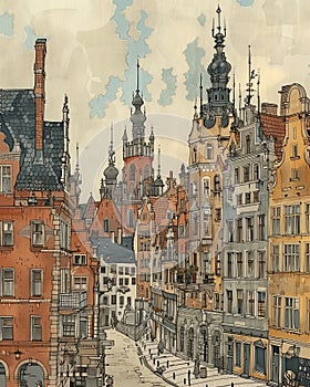 Poland Gdansk old city. Vector illustration, beautiful European city. Euro-trip