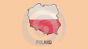 Poland Hand Drawn Cartoon Animated Map With Flag. Isolated Background.