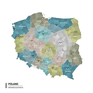 Poland higt detailed map with subdivisions. Administrative map of Poland with districts and cities name, colored by states and photo