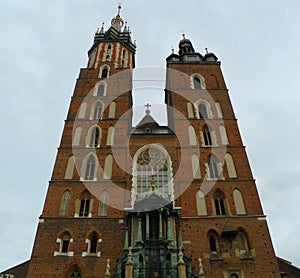 Poland, Krakow, facade of the St. Mary\'s Church (Kosciol Mariacki)