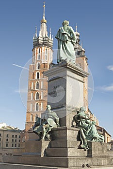 Poland, Krakow, Mickiewicz Monument, st Mary Curch Towers, Midday