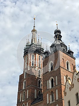 POLAND, KRAKOW - NOVEMBER 2018: Mariacki Church on the Market Square in Krakow, Poland