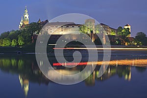 Poland, Krakow, Wawel Royal Castle, Lights of a Passing Boat