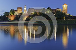 Poland, Krakow, Wawel Royal Castle, Lights of a Passing Boat